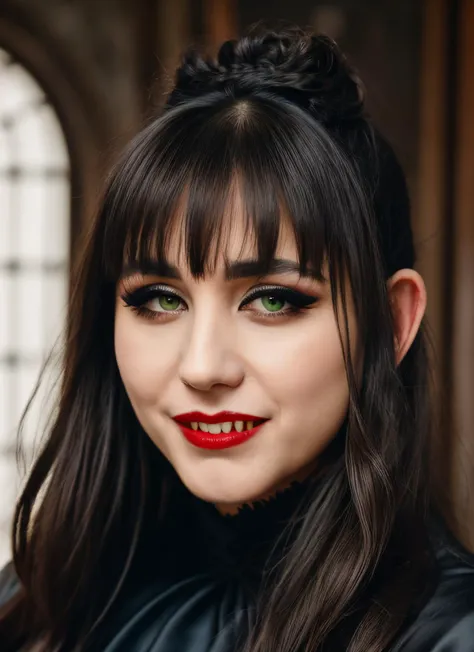 <lyco:Nadja:0.9> closeup portrait of nadja, skswoman, green eyes, makeup, black dress, double bun imitating( cat ears:0.7), bangs, half opened mouth with blood, (vampire fangs:1.2), background blurred inside a mansion with (sargs:1.2)