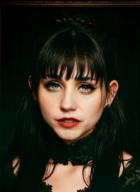 <lyco:Nadja:0.9> upper body portrait of nadja, skswoman, green eyes, makeup, wearing black gothic dress, double bun, bangs, half opened mouth with blood, (vampire fangs:1.2), background blurred inside a mansion with (sargs:1.2), very old paintings in the wall,low light, fine art parody,