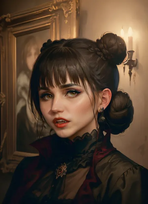 ((best quality)), ((masterpiece)), (detailed) <lyco:Nadja:0.9> upper body portrait of nadja, skswoman, green eyes, makeup, wearing black gothic dress, double bun, bangs, half opened mouth with blood, (vampire fangs:1.2), background blurred inside a mansion with (sargs:1.2), very old paintings in the wall,low light, fine art parody,