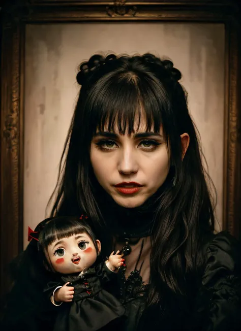 <lyco:Nadja:0.9> upper body portrait of nadja, skswoman, green eyes, makeup, wearing black gothic dress, double bun, bangs, half opened mouth with blood, (vampire fangs:1.2), doll nearby, background blurred inside a mansion with (sargs:1.2), very old paintings in the wall, (low light:1.2)  <lora:epiNoiseoffset_v2:1>