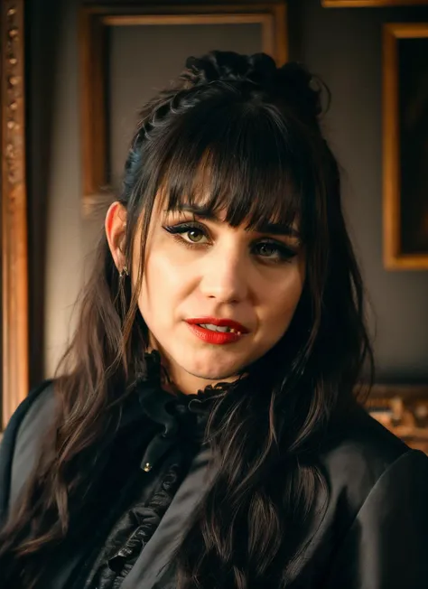 <lyco:Nadja:0.9> upper body portrait of nadja, skswoman, green eyes, makeup, wearing black gothic dress, double bun, bangs, half opened mouth with blood, (vampire fangs:1.2), background blurred inside a mansion with (sargs:1.2), very old paintings in the wall, low light  <lora:epiNoiseoffset_v2:1>