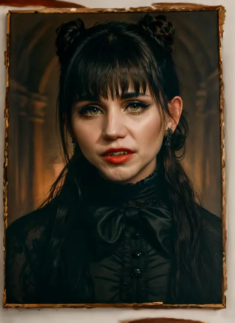 <lyco:Nadja:0.9> upper body portrait of nadja, skswoman, green eyes, makeup, wearing black gothic dress, double bun, bangs, half opened mouth with blood, (vampire fangs:1.2), background blurred inside a mansion with (sargs:1.2), very old paintings in the wall,low light, fine art parody,