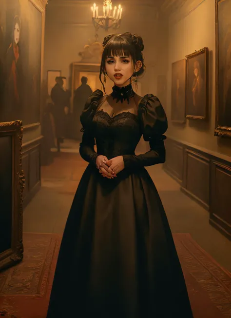 ((best quality)), ((masterpiece)), (detailed) <lyco:Nadja:0.9> fullbody portrait of nadja, skswoman, green eyes, makeup, wearing black gothic dress, double bun, bangs, half opened mouth with blood, (vampire fangs:1.2), background blurred inside a mansion with (sargs:1.2), very old paintings in the wall,low light, fine art parody,