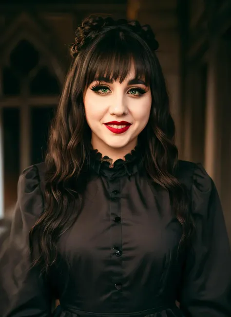 <lyco:Nadja:0.9> fullbody portrait of nadja, skswoman, green eyes, makeup, wearing black gothic dress, double bun imitating( cat ears:0.7), bangs, half opened mouth with blood, vampire fangs, background blurred inside a mansion with (sargs:1.2)