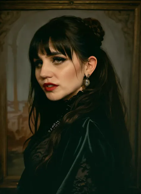 <lyco:Nadja:0.9> upper body portrait of nadja, skswoman, green eyes, makeup, wearing black gothic dress, double bun, bangs, half opened mouth with blood, (vampire fangs:1.2), background blurred inside a mansion with (sargs:1.2), very old paintings in the wall,low light, fine art parody,