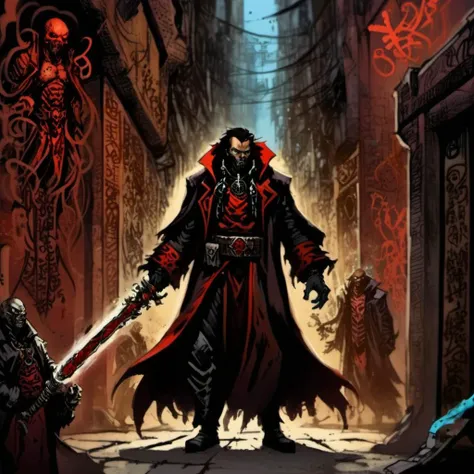 a nqstrman man in a black and red outfit holding a sword stands in the shadowy underbelly of a hive city, his long coat billowing as he examines xenos artifacts hidden in a dimly lit alley. The grimy walls are covered in graffiti venerating forbidden gods, and his gaze is stern, his hand resting on the hilt of a power sword, ready to dispense the Emperor's justice