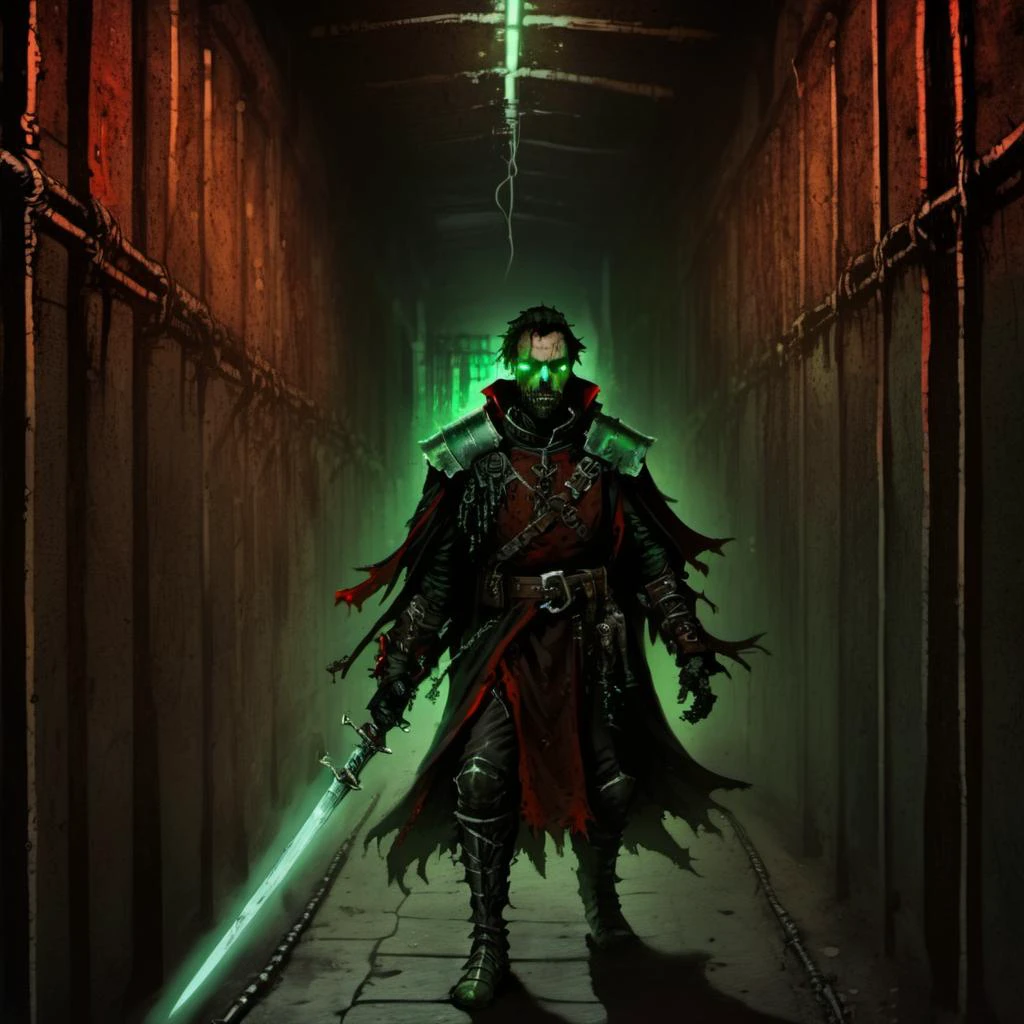 a nqstrman man in a medieval outfit holding a sword, grim darkness, gritty, dark corridor, metal walls, steel beams, pipe, wires, science fiction, red and green glow