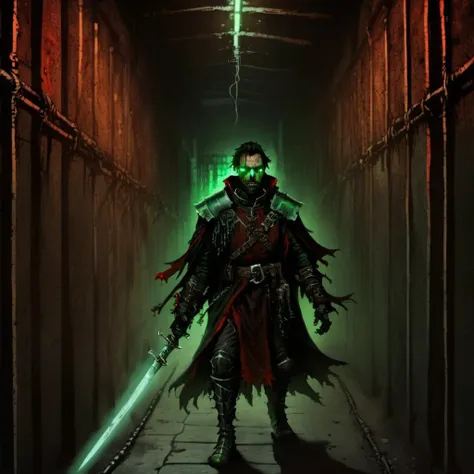 a nqstrman man in a medieval outfit holding a sword, grim darkness, gritty, dark corridor, metal walls, steel beams, pipe, wires, science fiction, red and green glow