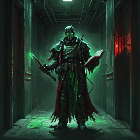 a nqstrman man in a costume holding a book and a sword, grim darkness, gritty, dark corridor, metal walls, steel beams, pipe, wires, science fiction, red and green glow, apxlz