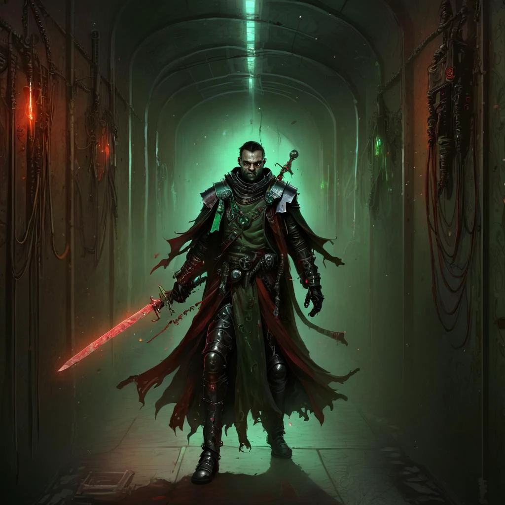 a nqstrman man in a medieval outfit holding a sword, grim darkness, gritty, dark corridor, metal walls, steel beams, pipe, wires, science fiction, red and green glow