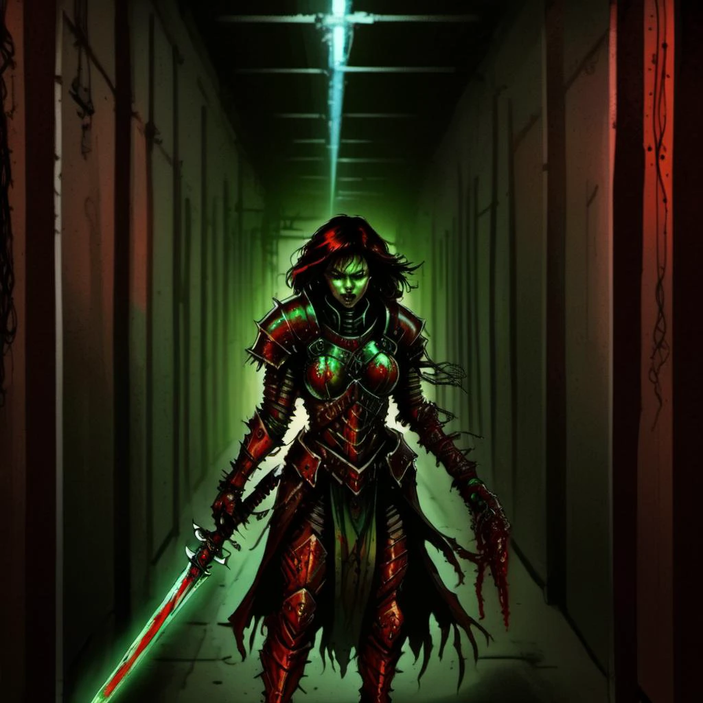 a nqstrman woman in armor holding a sword and a sword, grim darkness, gritty, dark corridor, metal walls, steel beams, pipe, wires, science fiction, red and green glow