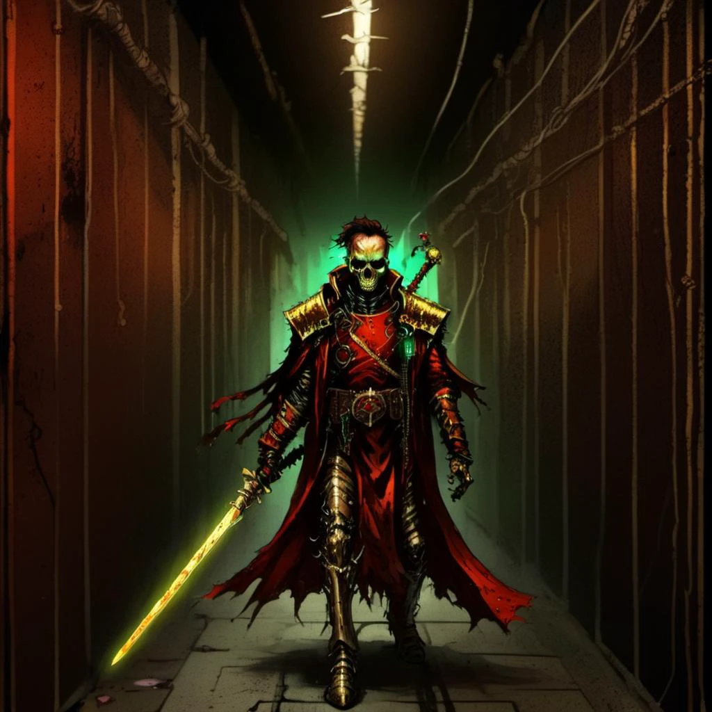 a nqstrman man in a red and gold outfit holding a sword, grim darkness, gritty, dark corridor, metal walls, steel beams, pipe, wires, science fiction, red and green glow