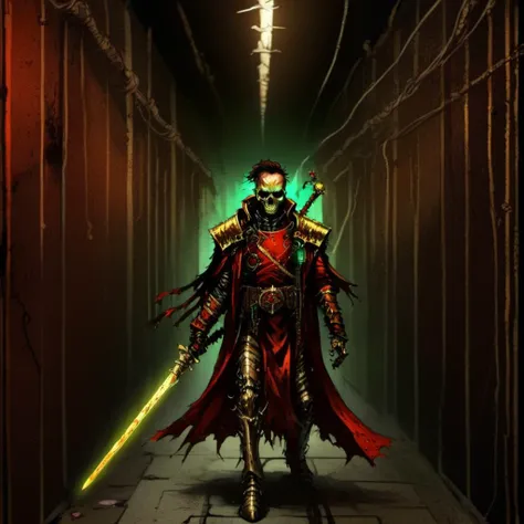 a nqstrman man in a red and gold outfit holding a sword, grim darkness, gritty, dark corridor, metal walls, steel beams, pipe, wires, science fiction, red and green glow