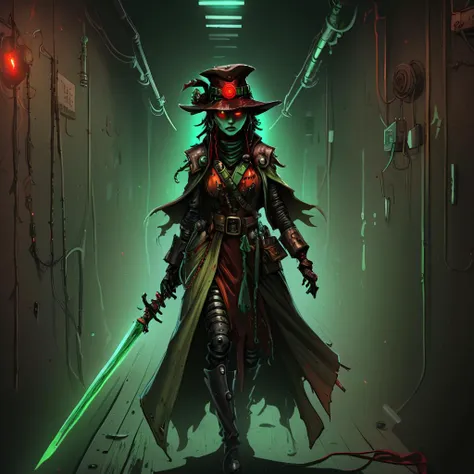 a nqstrman woman in a costume with a hat and a sword,  grim darkness, gritty, dark corridor, metal walls, steel beams, pipe, wires, science fiction, red and green glow