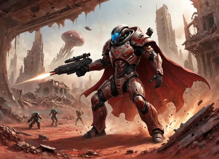 A nqstrman man in very heavy futuristic armor wearing a cape is shooting his enery weapon at an attacking arganic alien. The scenery is a destroyed city in ruins, dirty with red sand.
<lora:Inquisitor_-_Warhammer_40000_SDXL:0.7>