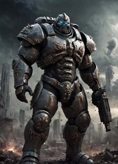 a big and muscular nqstrman man in very heavy futuristic armor is shooting a high enery weapon. Scenery is a dirty and destroyed city. Dark sky with heavy clouds. Highly detailed, gritty, heavy used armor with slight damages,
<lora:Inquisitor_-_Warhammer_40000_SDXL:0.7>