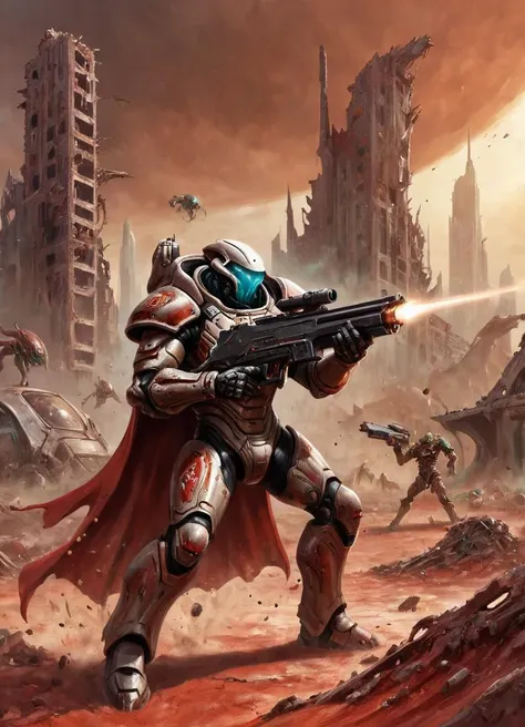 A nqstrman man in very heavy futuristic armor wearing a cape is shooting his enery weapon at an attacking arganic alien. The scenery is a destroyed city in ruins, dirty with red sand.
<lora:Inquisitor_-_Warhammer_40000_SDXL:0.7>