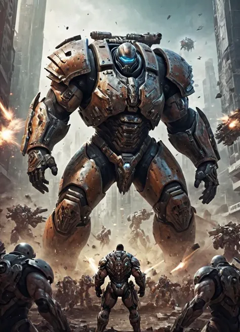 is a dirty and destroyed city with a big and muscular nqstrman man in very heavy futuristic armor seen from a distance. Surrounded by enemies he is shooting a high enery weapon.
<lora:Inquisitor_-_Warhammer_40000_SDXL:0.7>