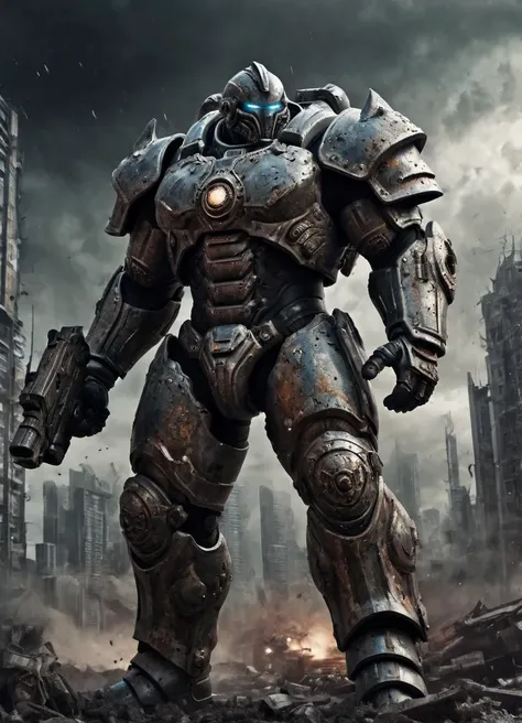 a big and muscular nqstrman man in very heavy futuristic armor is shooting a high enery weapon. Scenery is a dirty and destroyed city. Dark sky with heavy clouds. Highly detailed, gritty, heavy used armor with slight damages,
<lora:Inquisitor_-_Warhammer_40000_SDXL:0.7>