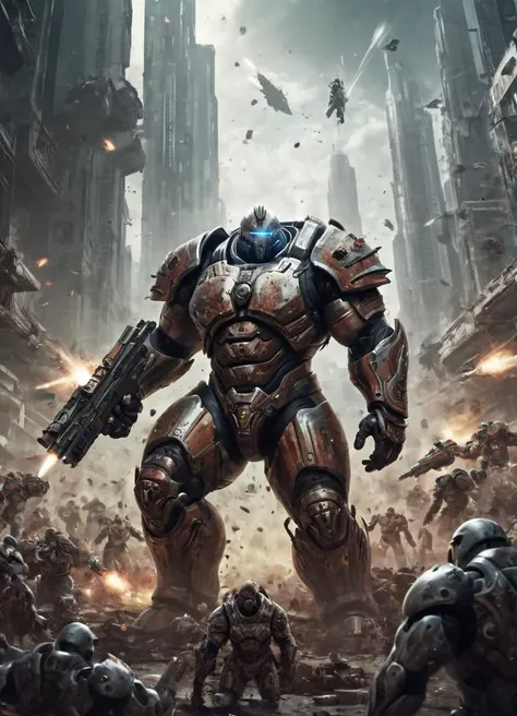 is a dirty and destroyed city with a big and muscular nqstrman man in very heavy futuristic armor seen from a distance. Surrounded by enemies he is shooting a high enery weapon.
<lora:Inquisitor_-_Warhammer_40000_SDXL:0.7>