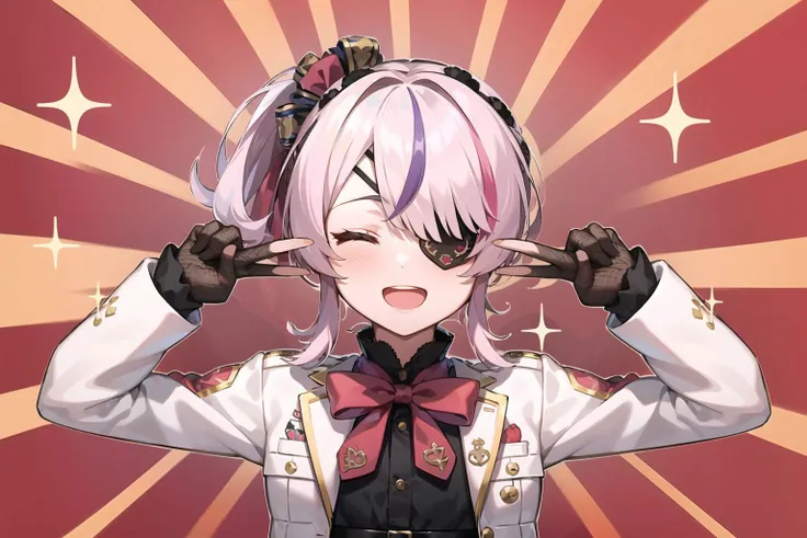 <lora:EmoEng-10:1>, <lyco:GoodHands-beta2:1.0>, <lora:Niji_maria-10:1>
EmoEng, EmoEng, 1girl, maira,, eyepatch, doll joints, double v, sparkle, starts, flat chest, smile, closed eyes, open mouth, can't be this cute, virtual youtuber, nijisanji en, maria marionette, school uniform, collared shirt, black dress shirt, pink bowtie, long sleeves, cropped jacket, shirt tucked in, black belts, checkered brown, black skirt, black fishnet gloves, white jacket,