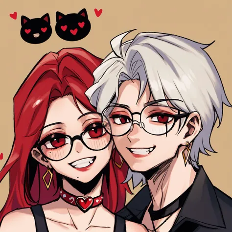 1girl, red eyes, jewelry, earrings, choker, grin, 1boy, black eyes, collar, glasses, mole, smile, heart, amazing quality, very aesthetic, absurdres, best quality