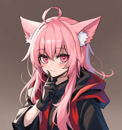 1girl, solo, looking at viewer, upper body, animal ears, pink hair, bangs, closed mouth, finger to mouth, shirt, black shirt, gloves, hooded jacket, hood down, open clothes,best quality,amazing quality,very aesthetic,absurdres,