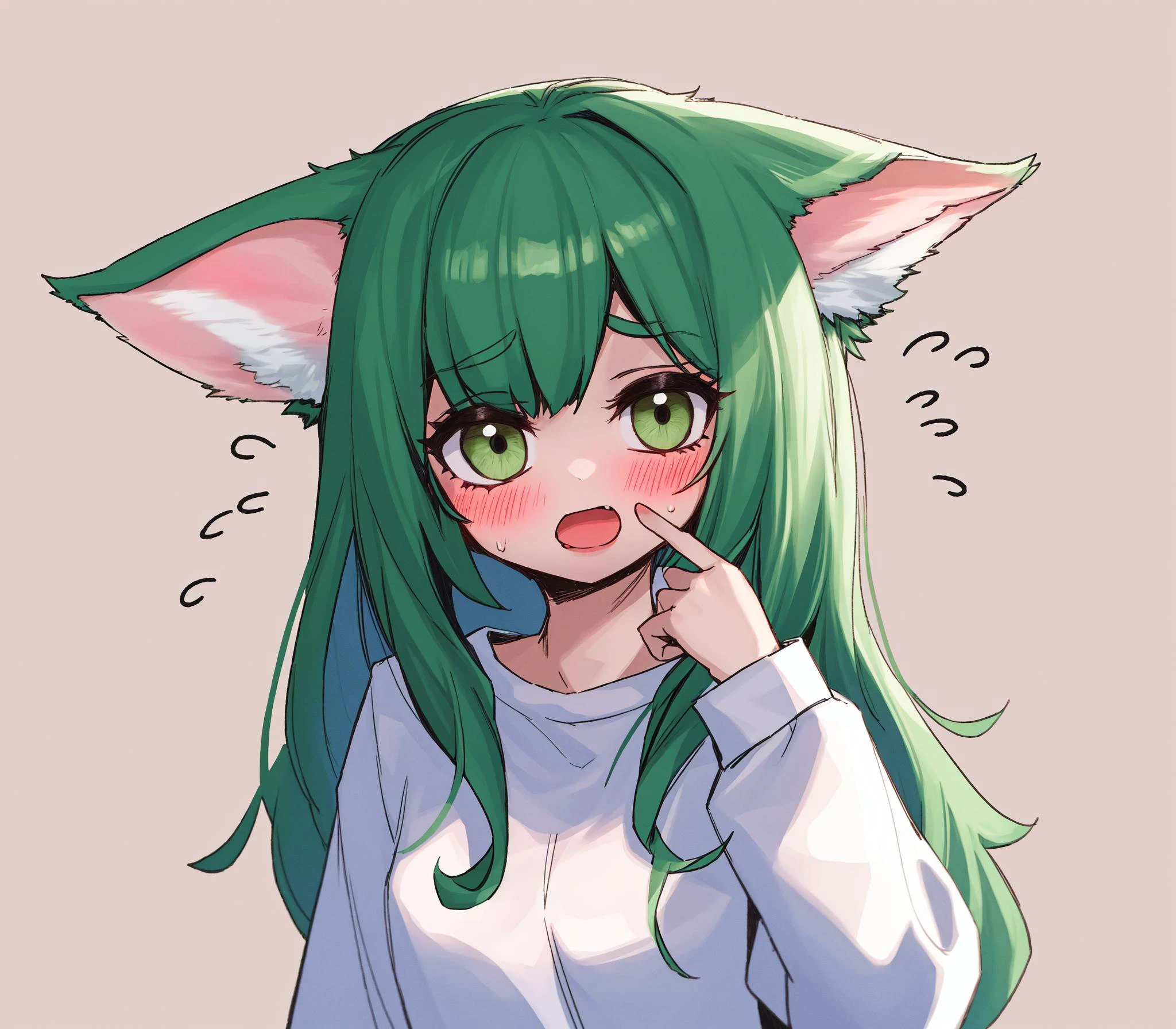 1girl, solo, upper body, green eyes, blush, looking at viewer, open mouth, long hair, bangs, eyebrows visible through hair, animal ears, white shirt, long sleeves, flying sweatdrops, simple background,best quality,amazing quality,very aesthetic,absurdres,