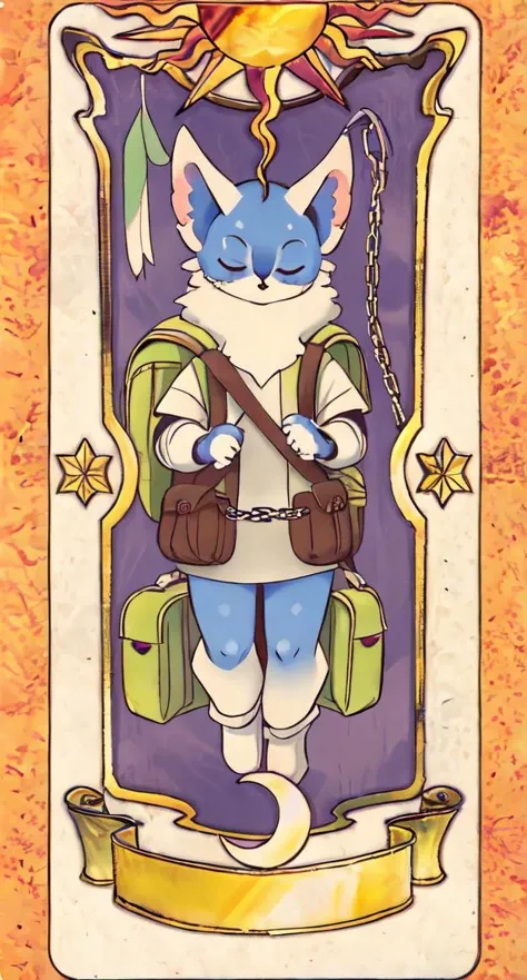 (masterpiece, best quality, hires), furry, <lora:bdoPapu:0.8>, bdopapu, front view, chainmail, backpack, bag, illustration, solo, vendor, <lora:ClowCard:0.8> tarot, star \(symbol\), closed eyes, card