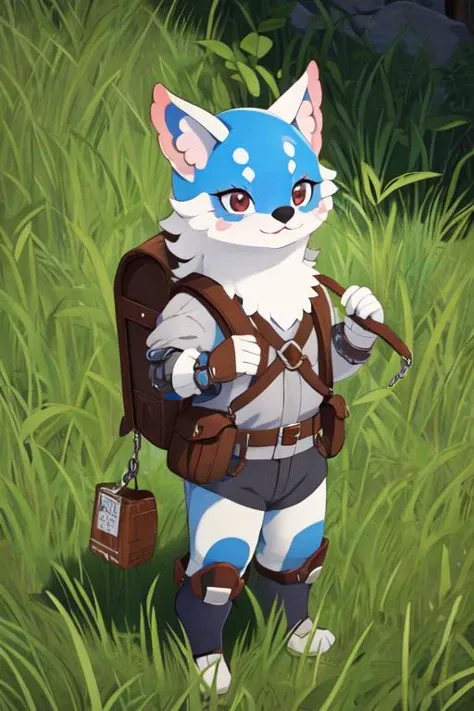 (masterpiece, best quality, hires), furry, <lora:bdoPapu:0.8>, bdopapu, front view, chainmail, backpack, bag, illustration, solo, vendor