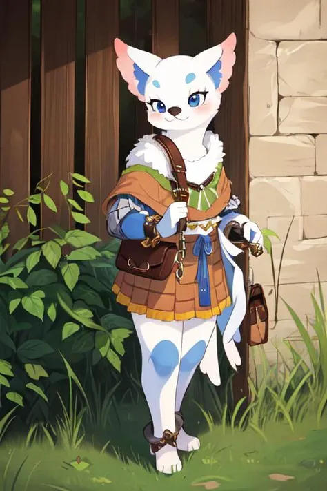 (masterpiece, best quality, hires), furry, <lora:bdoPapu:0.8>, bdopapu, front view, chainmail, illustration, solo, vendor, portrait, skirt, white face
