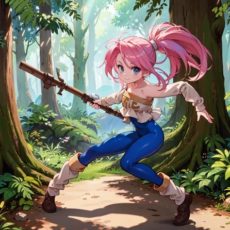 masterpiece, high res, detailed face, detailed eyes, anime screencap 1 girl, solo, smile, pink hair, ponytail, unitard, claw weapon, leg warmer, cowboy shot, ((full body)), outdoors, forest <lora:Legaia_Noa:0.8>