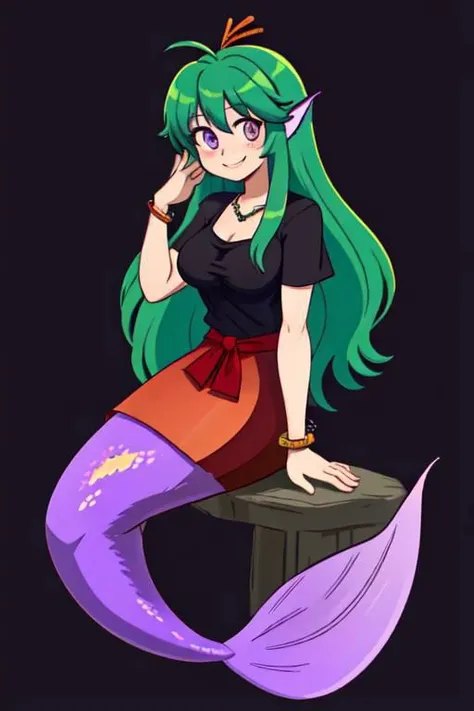 mermaid, mermaidtail, green hair, purple eyes, purple tail, hair tuft, yoko littner bangs, hair strand over right breast, ear fins, vibrant colors, black T-shirt, red skirt, smile, shell necklace, rastafari bracelets