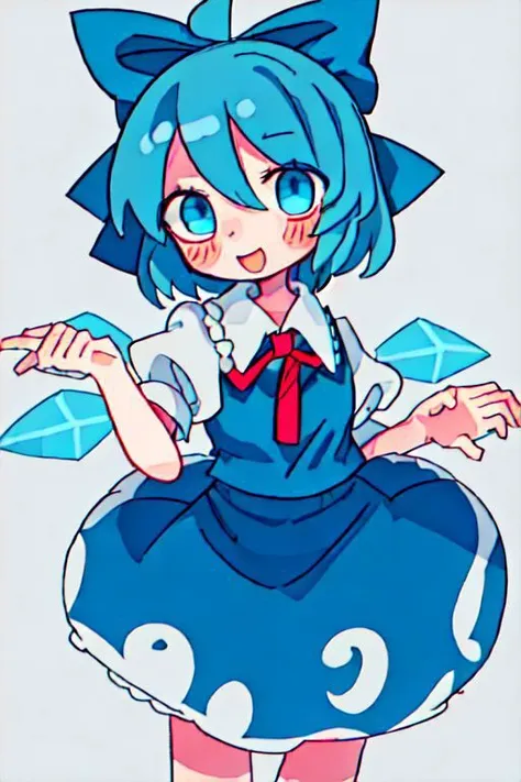 cirno_touhou, blue_hair, bow, hair_bow, short_hair, wings, ice, blue_bow, ice_wings, blue_eyes, bangs, blush, smile, open_mouth, hair_between_eyes, ribbon, neck_ribbon, no nose, bangs, no sclera, pastel, soft colors, two-tone eyes, <lora:tsukumizu:1>