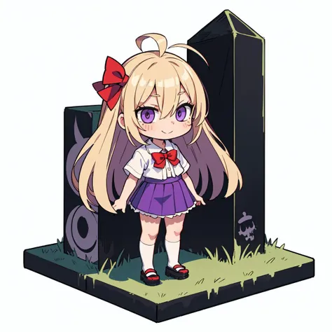[(white background:1.4)::0.4],(highres),(best quality),(masterpiece),(very detailed),illustration,graffiti,pattern,abstract,(chromatic aberration),panorama,imid shot,mid shot,(1girl),(chibi:1.3),solo,(full body:1.2),standing,purple eyes,eyeliner,evil smile,(white shirt:1.2),(purple microskirt:1.1),short sleeve,long hair,blonde hair,(ahoge),bangs,hair between eyes,(red bow:1.2),(harajuku:1.2),(pedestal:1.2),horror,shadows,eerie, foreboding, ominous, chilling,(weird:1.3),(weirdcore:1.3)