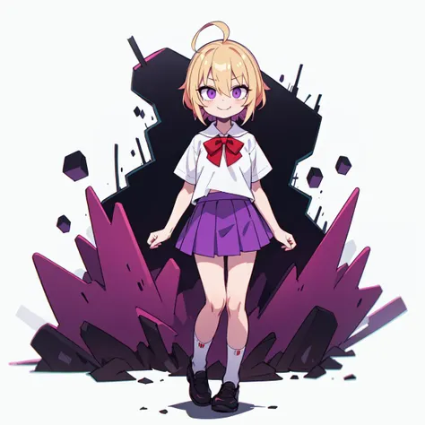 [(white background:1.3)::0.4],highres,best quality,masterpiece,illustration,graffiti,pattern,abstract,(chromatic aberration),panorama,(1girl),solo,(full body:1.2),
purple eyes,eyeliner,evil smile,(white shirt:1.2),(purple microskirt:1.2),short sleeve,long hair,blonde hair,(ahoge),bangs,hair between eyes,(red bow:1.2),horror,shadows,eerie, foreboding, ominous, chilling,(weird),(weirdcore)
