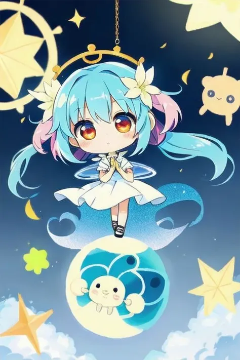 Whimsical artwork of a chibi character (chibi:1.2) with ethereal, celestial skin (celestial:1.3), radiating a soft glow