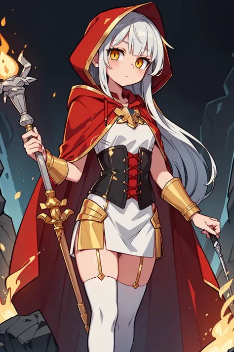 masterpiece, best quality,(white hair), (long hair), (yellow eyes:1.2), she wears she wears (red cloak with hood:1.3), white dress, (black leather corset:1.2), black stockings, (looking at viewer:1.2), (she holds up a long silver and gold long scepter highly by one hand in front of chest:1.4), (The flame rising from the cloak:1.3), standing on broken rocks,