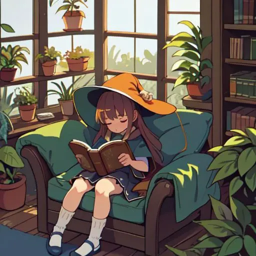 best quality, girl, witch, plant room, greenhouse, relaxing, hoya, reading a book, relaxing in a big chair, cozy, socks, big book, lots of plants, night time, blue sky, candles, orange, tired, bored, sleepy, sky