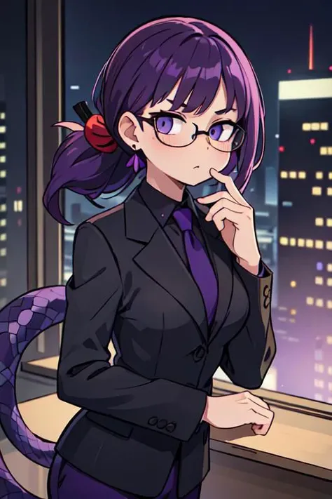 (masterpiece, best quality, perfect face, perfect eyes, detailed face, snake eyes:1.3), woman, snake lady, purple hair, neat hair, ponytail, purple gray eyes, (business suit, black suit, light purple shirt:1.2), purple tie, menacing, glasses, black gloves, (single earring, tassel earring, single tassel, purple tassel:1.2), office, windows, nightscape, night, city lights, skyscrapers, tilted head,