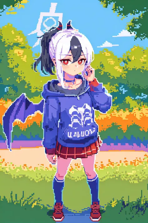 (masterpiece, best quality:1.2),(pixel art:1.3),1girl,kayoko _\(blue_archive\),full body,cowboy shot,outdoors,medieval,skirt,red_eyes,hoodie,ponytail,horns,white_hair,wings,choker,halo,two-tone_hair,low_wings,<lora:kayoko15:1>,