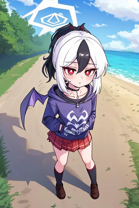 (masterpiece, best quality:1.2),1girl,kayoko _\(blue_archive\),full body,cowboy shot,outdoors,medieval,skirt,red_eyes,hoodie,ponytail,horns,white_hair,wings,choker,halo,two-tone_hair,low_wings,<lora:kayoko15:1>,