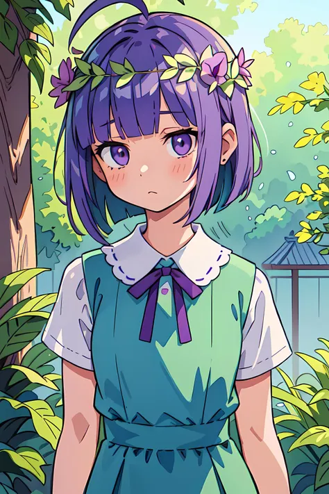 best quality,masterpiece,illustration,(flat color:1.2),watercolor,lineart,depth of field,reality ray tracing,cinematic lighting,1girl,mesugaki,solo,upper body,head wreath,bob cut,(blunt bangs:0.8),(asymmetrical bangs), short hair,azure hair,(Purple colored inner hair) ,(ahoge),ears visible through hair|hair behind ear,