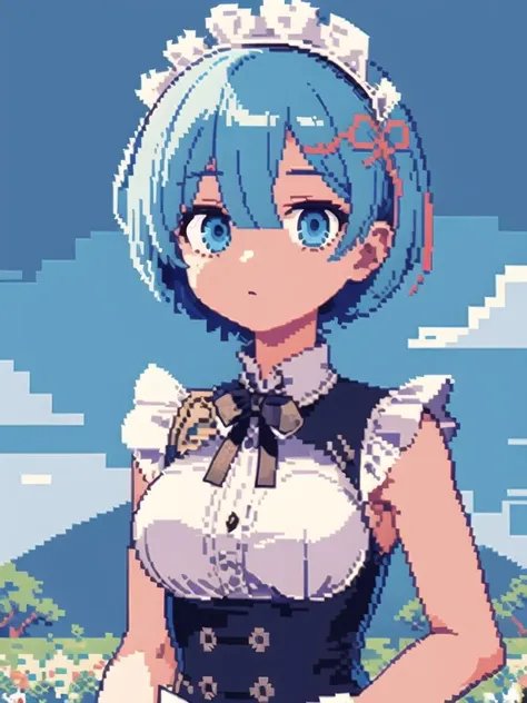 (pixel art:1.4),
Rem\(re zero kara hajrmeru isekai seikatsu\),Maid service, blue hair, short hair
(upper body),
blue sky, white cloud