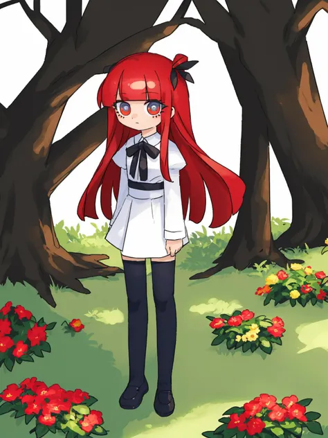 [(white background:1.4)::0.4],(masterpiece:1.2),(best quality:1.2),1girl,(full body:1.2),standing,solo,beautiful and delicate face,expressionless,blue eyes,eyeliner,looking at viewer,long hair,(red hair),bangs,hair between eyes,legendary,skirt,black over-kneehighs socks,flower,outdoors,tree,, <lora:lvzi:1>
