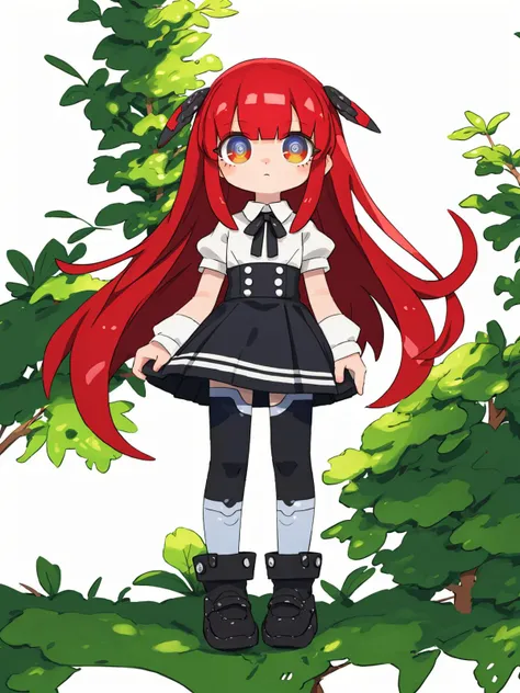 [(white background:1.4)::0.4],(masterpiece:1.2),(best quality:1.2),lvzi,1girl,(full body:1.2),standing,solo,beautiful and delicate face,expressionless,blue eyes,eyeliner,looking at viewer,long hair,(red hair),bangs,hair between eyes,legendary,skirt,black over-kneehighs socks,flower,outdoors,tree,, <lora:lvzi:1>