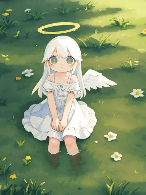 best quality,alter,1girl, angel, angel wings, blue eyes, dress, expressionless, fish, grass, halo, long hair, looking at viewer, painting \(medium\), solo, surreal, tall grass, traditional media, water, watercolor \(medium\), white dress, white hair, wings, <lora:lvzi:1>