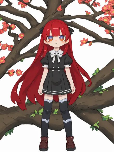 [(white background:1.4)::0.4],(masterpiece:1.2),(best quality:1.2),lvzi,1girl,(full body:1.2),standing,solo,beautiful and delicate face,expressionless,blue eyes,eyeliner,looking at viewer,long hair,(red hair),bangs,hair between eyes,legendary,skirt,black over-kneehighs socks,flower,outdoors,tree,, <lora:lvzi:1>
