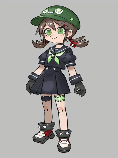 alter, 1girl, solo, sailor_collar, green_eyes, hair_ornament, hairclip, shirt, colored_skin, school_uniform, neckerchief, simple_background, green_neckerchief, serafuku, smile, grey_hair, twintails, gloves, black_shirt, skirt, hat, black_gloves, choker, low_twintails, blue_skin, full_body, black_headwear, black_skirt, standing, short_sleeves, short_twintails, closed_mouth, black_choker, thigh_strap, shoes, white_footwear, cabbie_hat,best quality,amazing quality,very aesthetic,absurdres, <lora:lvzi:1>
