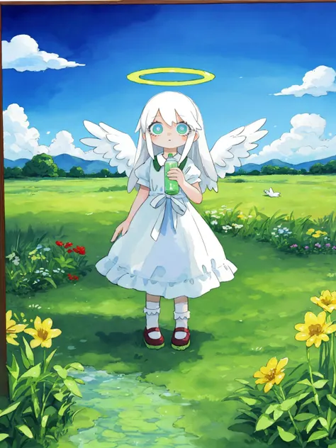 best quality,alter,1girl, angel, angel wings, blue eyes, dress, expressionless, fish, grass, halo, long hair, looking at viewer, painting \(medium\), solo, surreal, tall grass, traditional media, water, watercolor \(medium\), white dress, white hair, wings, <lora:lvzi:1>